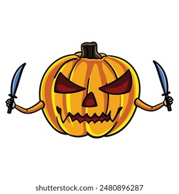 Spooky Halloween pumpkin with red eyes, carrying a knife