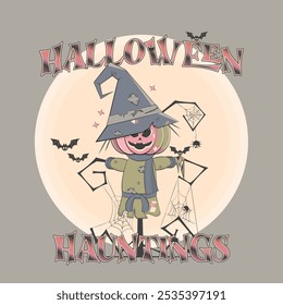 Spooky Halloween Pumpkin Scarecrow Clipart with Witch Hat and Webs. Holloween poster, clipart
