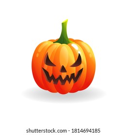 Spooky Halloween pumpkin with scary face. Orange pumpkin on white background. Autumn holidays. Template for greeting card poster, brochure, flyer. Vector cartoon illustration.