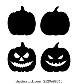 Conjunto de ilustraciones de silueta de calabaza de Halloween espeluznante. Jack de la risa o dibujos monocromáticos gráficos de la linterna. Dibujado a mano boceto de contorno, ilustración grabada. Para la invitación del partido, decoración, Anuncio