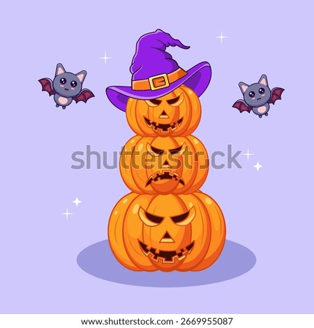 Spooky Halloween Pumpkin Tower with Bats and Witch Hat, Stack Pumpkins Vector Illustration Cartoon 