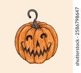 A spooky Halloween pumpkin with a twisted stem and eerie carved grin