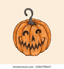 A spooky Halloween pumpkin with a twisted stem and eerie carved grin