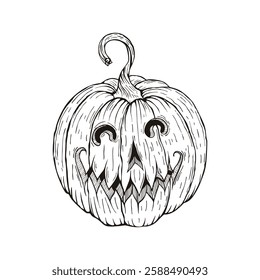 A spooky Halloween pumpkin with a twisted stem and eerie carved grin