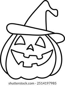 Spooky Halloween Pumpkin with Witch Hat Line Art
