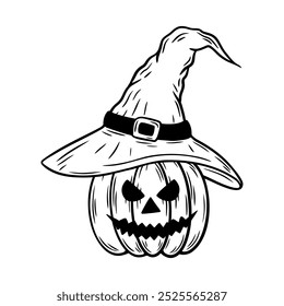 Abóbora de Halloween assustadora em um chapéu de bruxa, ilustração de arte em linha. Rindo de Jack o desenho monocromático lanterna. Esboço desenhado à mão, ilustração gravada. Para colorir, convite, decoração