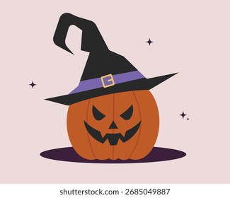 Spooky Halloween pumpkin with a witch hat and creepy smile
