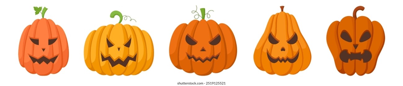 Spooky Halloween pumpkins with angry faces expressions. Vector illustration of cartoon characters. Hand drawn colorful autumn pumpkins isolated on white background.