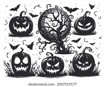 Spooky Halloween Pumpkins and Bats Silhouettes. Scary black carved pumpkins, bats and gnarled tree, moon on white background. Perfect for dramatic, gothic Halloween-themed holiday decorations, vector.