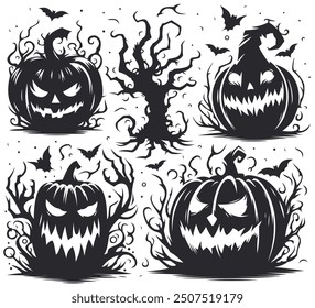 Espeluznantes calabazas de Halloween y siluetas de murciélagos. Calabazas, murciélagos y árbol nudoso negro de miedo tallado sobre fondo blanco. Perfecto para decoraciones navideñas dramáticas y góticas con temática de Halloween, invitaciones. 