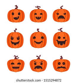 Spooky Halloween pumpkins collection on white background