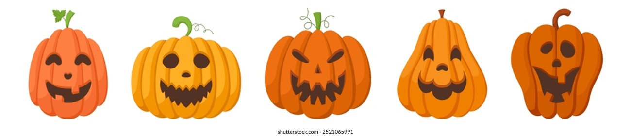 Espeluznantes calabazas de Halloween con expresiones de caras felices. Ilustración vectorial de personajes de dibujos animados. Calabazas de otoño coloridas dibujadas a mano aisladas sobre fondo blanco.