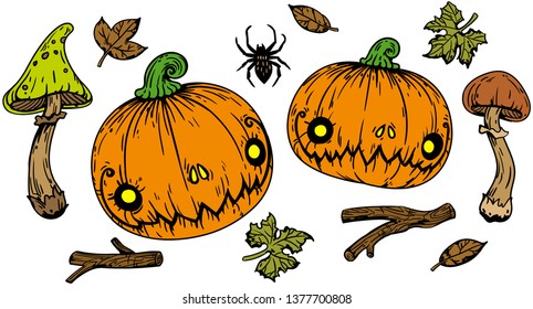 Spooky halloween pumpkins with mushrooms, leaves, sticks and spider. Vector illustration isolated on white.