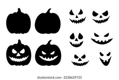 Espeluznantes calabazas de Halloween y caras de calabaza ilustraciones de silueta. Jack de la risa en el dibujo monocromo gráfico de la linterna. Dibujado a mano boceto de contorno, ilustración grabada. Para la invitación del partido, decoración.