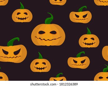 Spooky halloween pumpkins seamless pattern. Jack-o-lantern. Festive background for wrapping paper, print, fabric and printing. Vector illustration