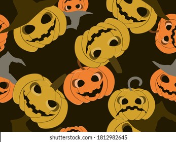 Spooky halloween pumpkins seamless pattern. Jack-o-lantern. Festive background for wrapping paper, print, fabric and printing. Vector illustration