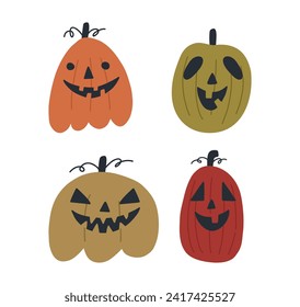 Spooky Halloween pumpkins set in cartoon flat style, vector illustration isolated on white background. Hand drawn jack o lanterns with scary faces. Autumn decoration.
