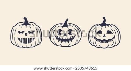 Spooky Halloween pumpkins set. Jack o Lantern. Halloween pumpkins icons isolated on white background. Vector illustration