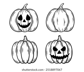 Conjunto de abóboras de Halloween assustador, ilustrações de arte em linha. Rindo de Jack o lanterna gráfico desenhos monocromáticos. Esboço desenhado à mão, ilustração gravada. Para colorir livro, convite, decoração