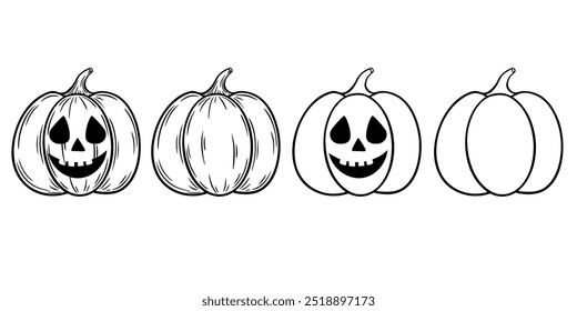 Spooky Halloween pumpkins set, line art illustrations. Laughing Jack o lantern graphic monochrome drawings. Hand drawn outline sketch, engraved illustration. For coloring book, invitation, decoration