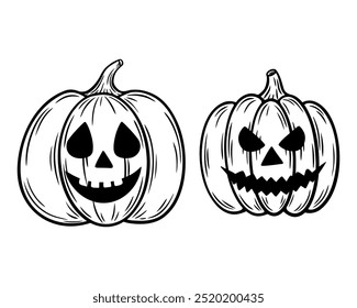 Conjunto de abóboras de Halloween assustador, ilustrações de arte em linha. Rindo de Jack o lanterna gráfico desenhos monocromáticos. Esboço desenhado à mão, ilustração gravada. Para colorir livro, convite, decoração