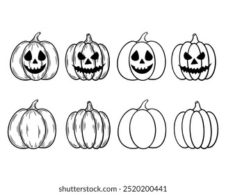 Conjunto de abóboras de Halloween assustador, ilustrações de arte em linha. Rindo de Jack o lanterna gráfico desenhos monocromáticos. Esboço desenhado à mão, ilustração gravada. Para colorir livro, convite, decoração