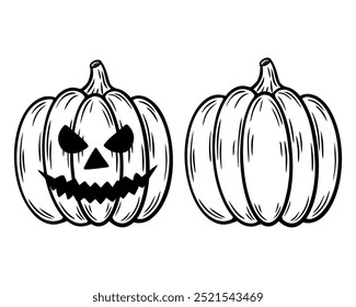 Conjunto de abóboras de Halloween assustador, ilustrações de arte em linha. Rindo de Jack o lanterna gráfico desenhos monocromáticos. Esboço desenhado à mão, ilustração gravada. Para colorir livro, convite, decoração