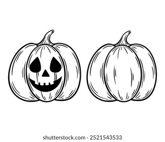 Conjunto de abóboras de Halloween assustador, ilustrações de arte em linha. Rindo de Jack o lanterna gráfico desenhos monocromáticos. Esboço desenhado à mão, ilustração gravada. Para colorir livro, convite, decoração