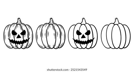 Conjunto de abóboras de Halloween assustador, ilustrações de arte em linha. Rindo de Jack o lanterna gráfico desenhos monocromáticos. Esboço desenhado à mão, ilustração gravada. Para colorir livro, convite, decoração