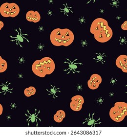 Spooky Halloween pumpkins and spiders seamless vector pattern background. Orange Jack o Lantern and green spider tossed design on black backdrop. Traditional Halloween celebration motifs for kids.