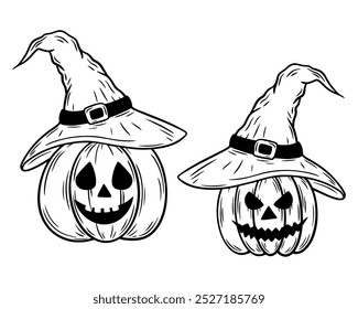 Abóboras de Halloween assustadoras em um chapéu de bruxa, conjunto de ilustrações de arte. Rindo de Jack o desenho monocromático lanterna. Esboço desenhado à mão, ilustração gravada. Para colorir, convite, decoração