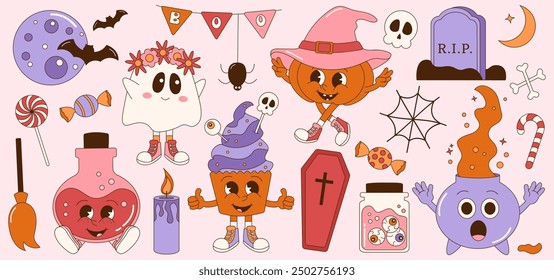 Spooky halloween retro groovy sticker collection. Pumpkin, gravestone, ghost, potion, cupcake, pot. 