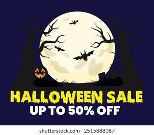 Spooky Halloween Sale Banner Vorlagen bis zu 50% Rabatt Schwarz Gelb, und lila Hintergrund Designs für Blickfang Promotionen Anpassbare Vorlagen für Halloween Verkäufe mit Rabatten bis zu 50%