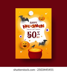 Póster de venta de Halloween espeluznante 50% de descuento en el evento Trick or Treat. Diseño de volante de Halloween editable.