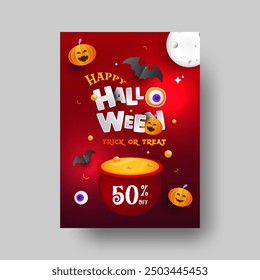 Póster de venta de Halloween espeluznante 50% de descuento en el evento Trick or Treat. Diseño de volante de Halloween editable.