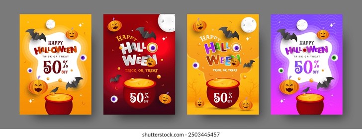 Spooky Halloween Verkauf Poster-Kollektion. 50 % Rabatt auf Trick- oder Treat-Events. Bearbeitbares Halloween Flyer Design Set.