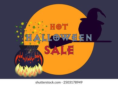 A spooky Halloween sale poster featuring a witches cauldron and a full moon. Ideal for holiday promotions and themed events.