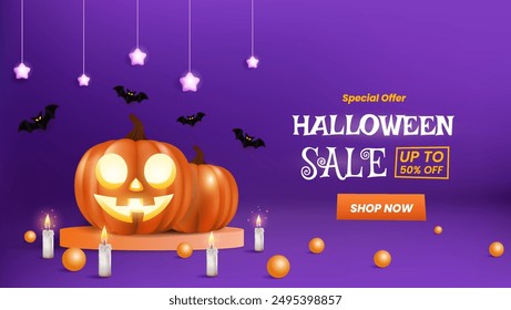 Spooky Halloween Sale Promotion Poster Template with Pumpkins and Cute Bat. Perfect for Website or Banner Use. Vector Illustration, EPS 10.