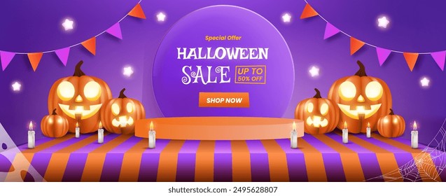 Spooky Halloween Sale Promotion Poster Template with Pumpkins and Cute Bat. Perfect for Website or Banner Use. Vector Illustration, EPS 10.
