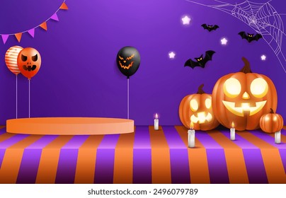 Spooky Halloween Sale Promotion Poster Template with Pumpkins and Cute Bat. Perfect for Website or Banner Use. Vector Illustration, EPS 10.