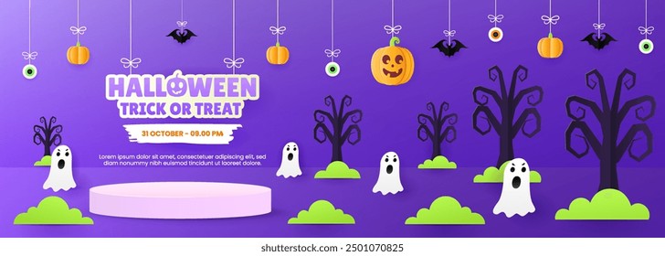 Spooky Halloween Sale Promotion Poster Template with Podium, Pumpkins, Ghost and Bat. Perfect for Website or Banner Use. Vector Illustration, EPS 10.