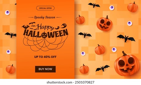 Spooky Halloween Sale Promotion Poster Template with Pumpkins and bat. Perfect for Website or Banner Use. Vector Illustration, EPS 10.