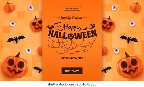 Spooky Halloween Sale Promotion Poster Template with Pumpkins and bat. Perfect for Website or Banner Use. Vector Illustration, EPS 10.