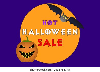 Spooky Halloween sale vector featuring a grinning pumpkin and a bat. Perfect for festive promotions and advertisements.