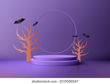 Cena de Halloween assustador com pódio circular 3D, morcegos voadores e árvores estéreis em fundo roxo para decoração festiva e exposição do produto