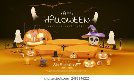 Spooky Halloween scene in a cute, realistic 3D style with carved pumpkins, floating ghosts, and flying bats on a dark background. Vector illustration.