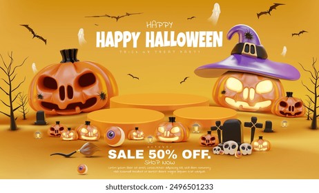 Spooky Halloween scene in a cute, realistic 3D style with carved pumpkins, floating ghosts, and flying bats on a dark background. Vector illustration.