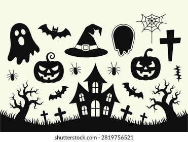 Spooky Halloween scene elements including haunted house, graveyard with crosses, ghost, witch hat, spiders, bats, and dead trees. Ideal for creating eerie holiday ambiance.