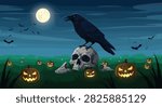Spooky Halloween scene featuring black raven perched on human skull in field of glowing jack o lanterns under full moon.