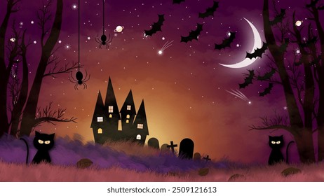 Escena espeluznante de Halloween con gatos negros, murciélagos, arañas y una casa encantada bajo una luna creciente. Ideal para decoraciones de Halloween, invitaciones de fiesta y diseños temáticos.